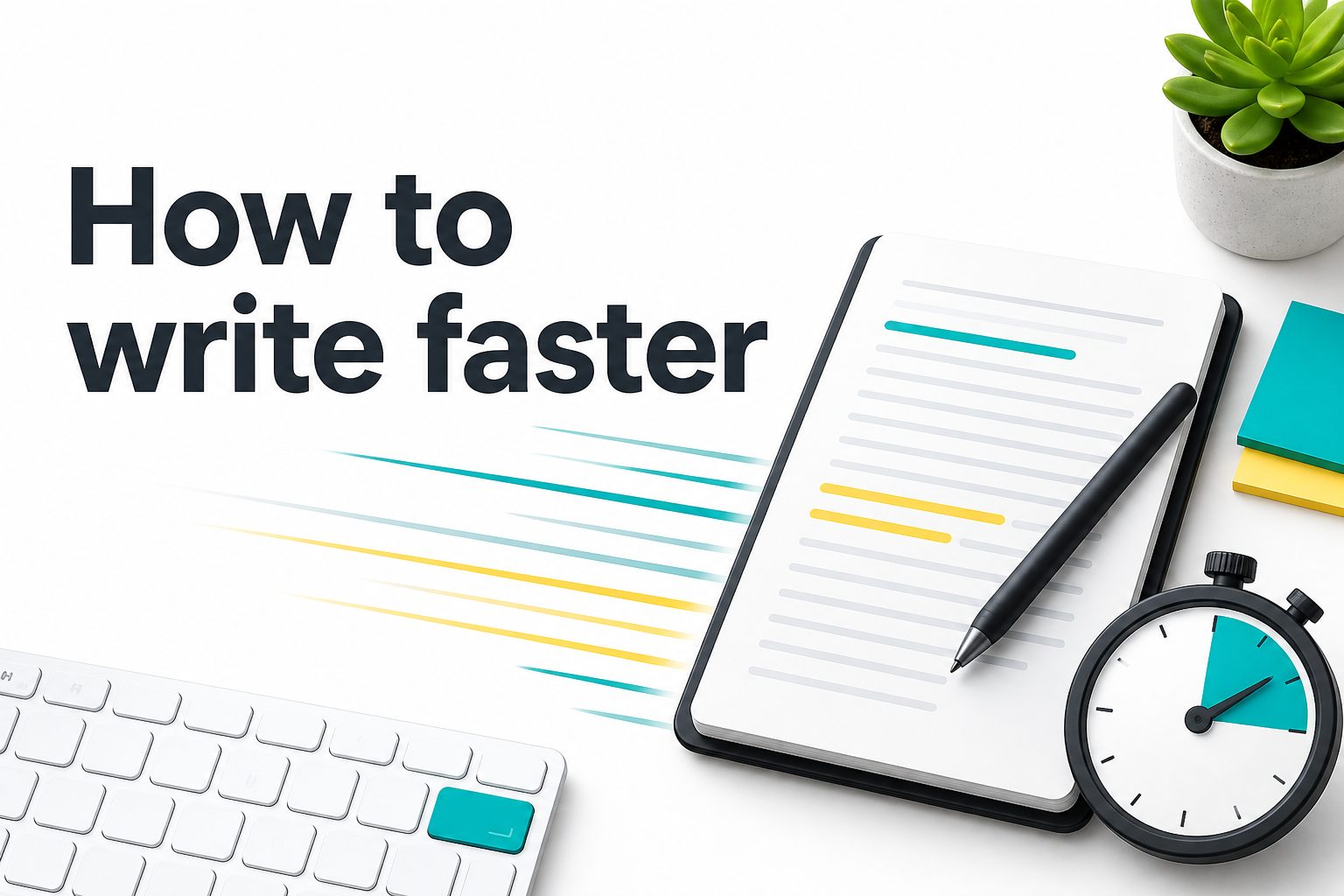 Person typing quickly on a laptop with notes and a coffee nearby
